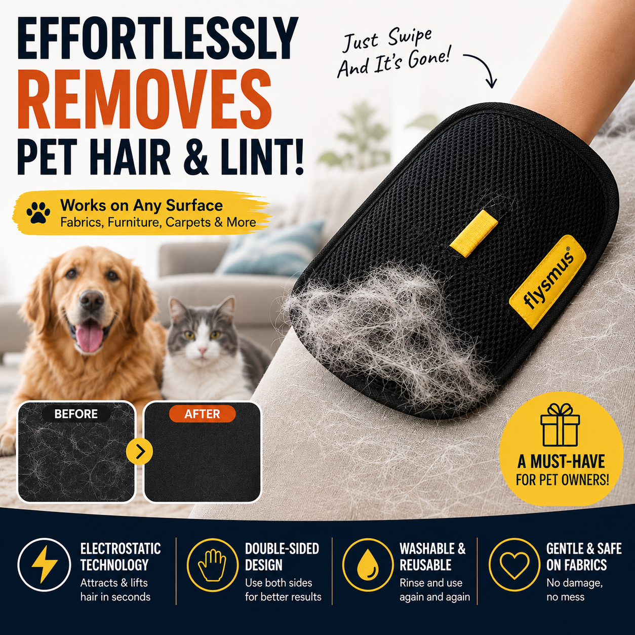 🔥BUY 1 GET 1 FREE🔥🐾🧤flysmus® Pet Hair Remover Electrostatic Gloves – Double-Sided Efficient, Soft Silicone & Washable Reusable (Versatile Home+Car)!
